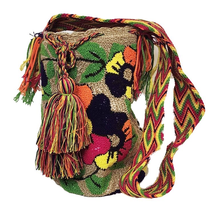 Introducing our exquisite Wayuu Bag, a stunning blend of tradition and contemporary style. Handcrafted by skilled artisans from the indigenous Wayuu community in Colombia and Venezuela, each bag is a masterpiece of intricate weaving and vibrant colors. With a diameter ranging from 9 to 13 inches and a matching depth, this bag strikes the perfect balance between functionality and elegance. Its compact yet spacious design allows you to carry your essentials with ease while adding a touch of unique Artisan Multicolor Bucket Bag For Daily Use, Multicolor Weaving Bucket Bag For Travel, Multicolor Handwoven Crochet Bag For Daily Use, Artisan Multicolor Woven Shoulder Bag, Artisan Multicolor Handwoven Bag, Traditional Handwoven Multicolor Bucket Bag, Multicolor Handwoven Artisan Bag, Multicolor Woven Bucket Bag For Travel, Multicolor Artisan Handwoven Bag