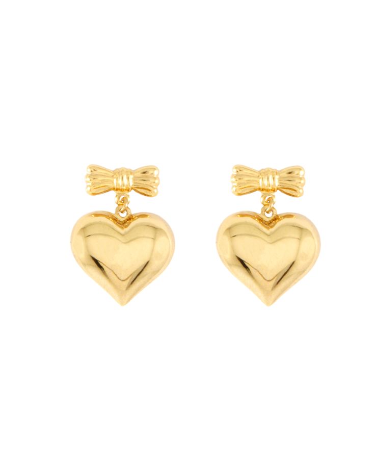 A pair of large puff heart dangle earrings with a bow detail 14K Gold plated sterling silver All gold is made from sterling silver and electroplated genuine gold Designed in Los Angeles, CA Chic Gold Heart Earrings With Charm, Chic Gold Heart Earrings With Heart Charm, Gold Heart Earrings For Party, Gold Sterling Silver Heart Earrings For Party, Yellow Gold Heart Earrings For Party, Chic Earrings With Heart Charm As Gift, Formal Double Heart Earrings With Heart Charm, Gold Heart-shaped Earrings For Formal Occasions, Gold Double Heart Earrings For Formal Occasions