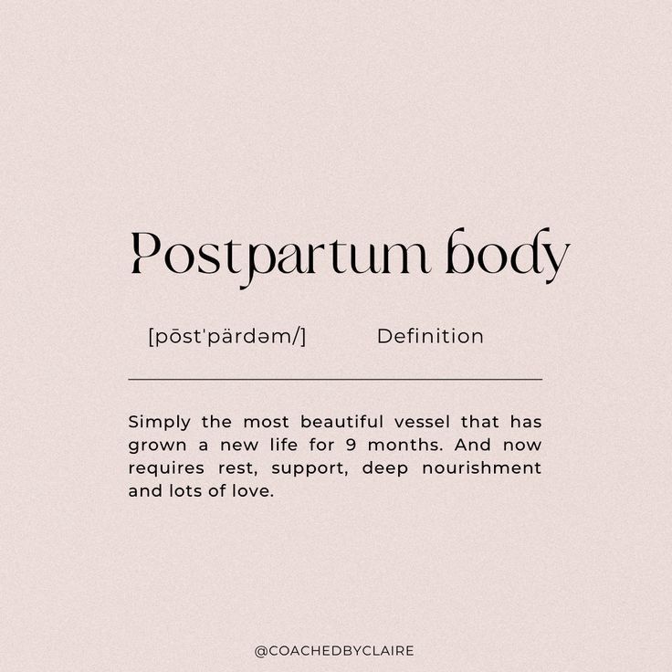 the words postpartum body are written in black and white on a light pink background