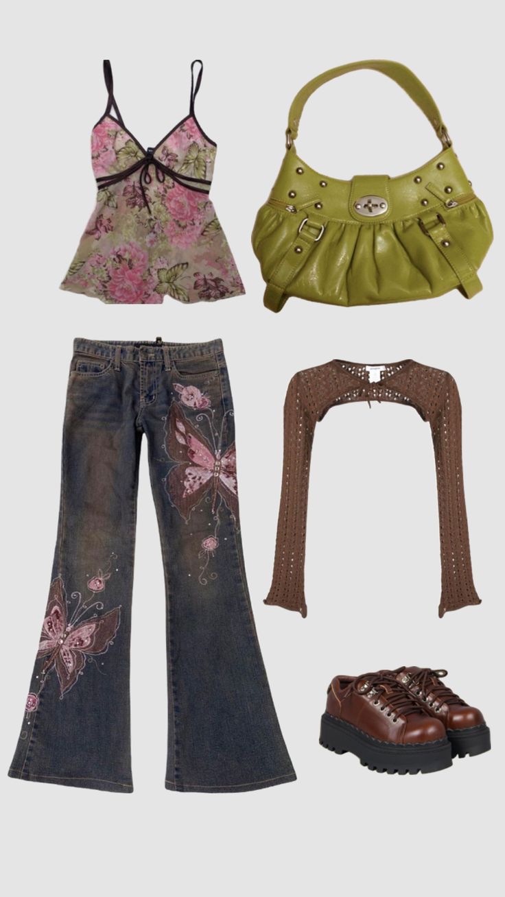 #y2k #y2kgrunge #floral #grunge #fairy #beauty #outfitinspo #fitinspo #unif #platforms Boho Y2k Fashion, Fairy Core Y2k Outfits, Y2k Fashion Aesthetic Outfits, Flare Jeans Y2k Outfit, Y2k Boho Fashion, Boho Streetwear Outfits, Fairy Like Outfits, Shuffles Outfits Y2k, Y2k Fairy Outfits