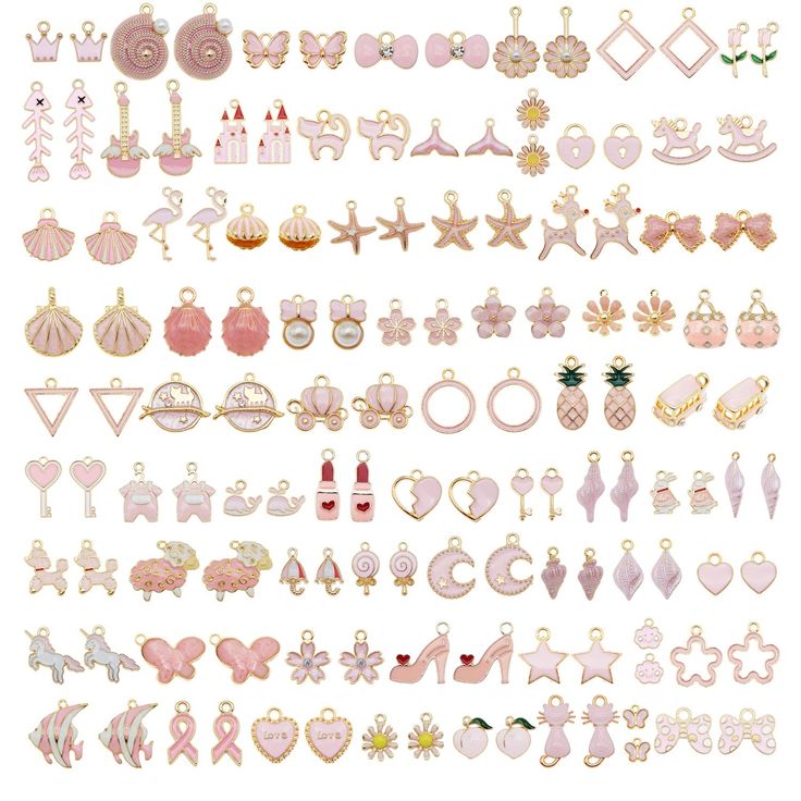 PRICES MAY VARY. Material: High Quality Zinc Alloy (lead and nickel free) QUANTITY - You will receive 80pcs in total, 40 styles as pics shown. Size: Mixed 9-40mm (1 inch = 25.4mm or 1mm = 0.0393 inch), as pics shown. Gold Enamel Charm, it's fashion, creative, full of special means, is a very useful accessory,Exquisite and classical design charms.It can be used in all kinds of decoration. Perfect for necklace, bracelet, dangle, scrapbooking project, keychain, keyring, sweater chain, anklet, cellp Bracelet Craft, Hat Decoration, Bracelet Craft Diy, Pink Theme, Jewelry Making Necklace, Earring Charms, Pink Themes, Jewelry Making Charms, How To Make Necklaces