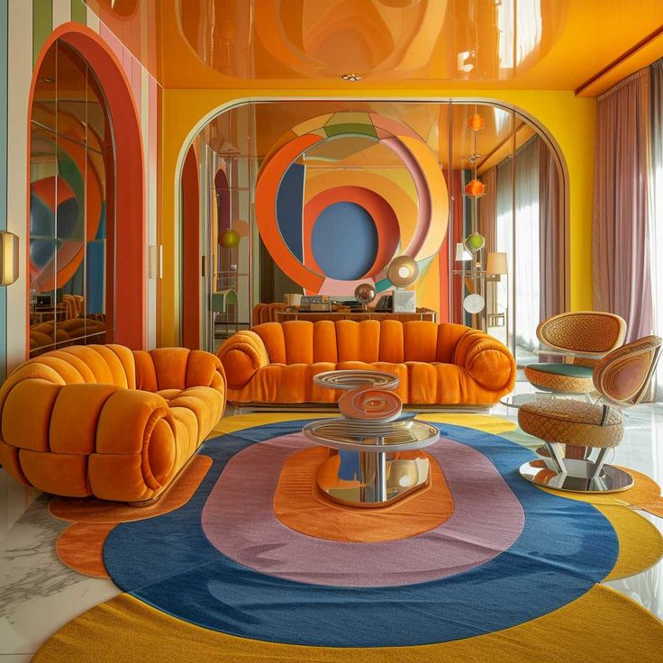 a living room with orange couches and colorful rugs