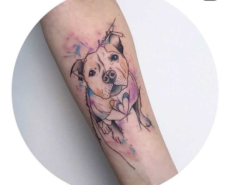 a dog is shown on the arm with watercolor paint splatters around it