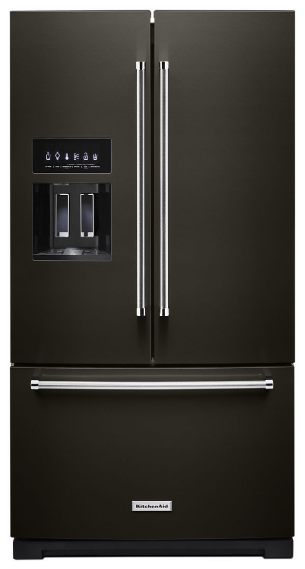 a black refrigerator freezer with two doors and three drawers on each side, in front of white background