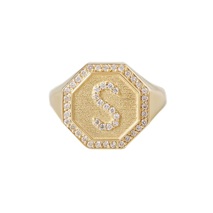 Initial Signet Ring - Octagon Signet Diamond Initial Ring - Personalized Gold Name Ring Gold Name Ring, Morganite Ring Set, Rainbow Pearl, Rainbow Opal, Name Ring, Name Rings, Engagement Ring Shapes, Ring Shapes, Gemstone Engagement