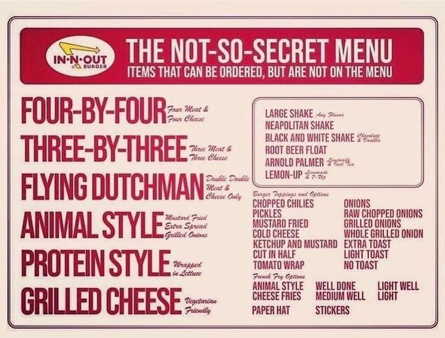 a menu for the not - so - secret menu is shown in red and white