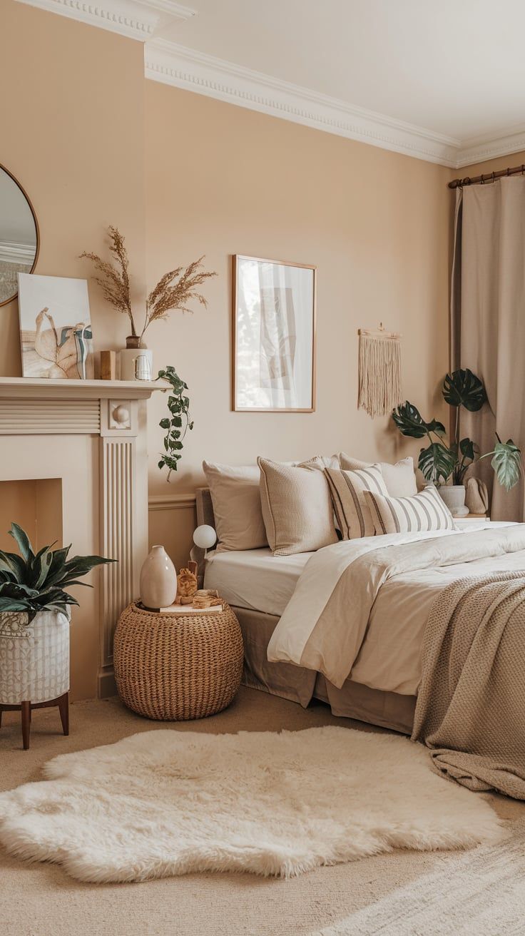 a bedroom with a bed, mirror and plants on the wall next to a fireplace