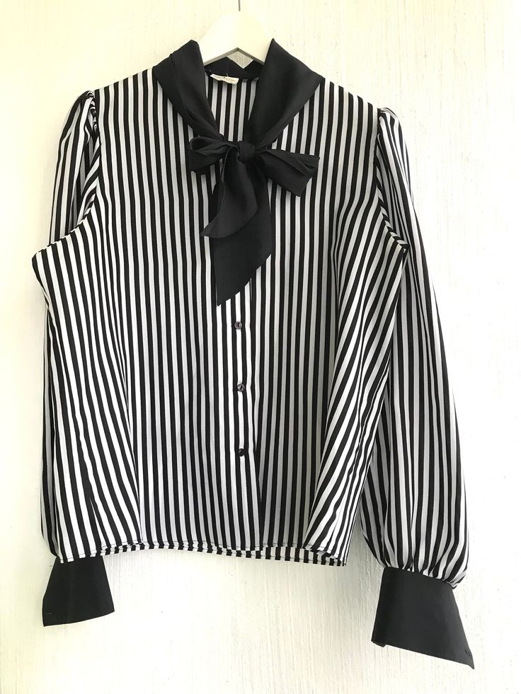 80s90s blouse striped ascot  Material stiffish polyester lightweight Bust  55cmx2 lengt 61cm size s m Chic Vertical Stripes Office Blouse, Chic Office Blouse With Vertical Stripes, Elegant Fall Blouse With Striped Collar, Chic Long Sleeve Blouse With Striped Sleeves, Chic Formal Blouse With Vertical Stripes, Elegant Striped Blouse For Fall, Elegant Office Blouse With Vertical Stripes, Elegant Striped Fall Blouse, Chic Blouse With Striped Collar For Fall