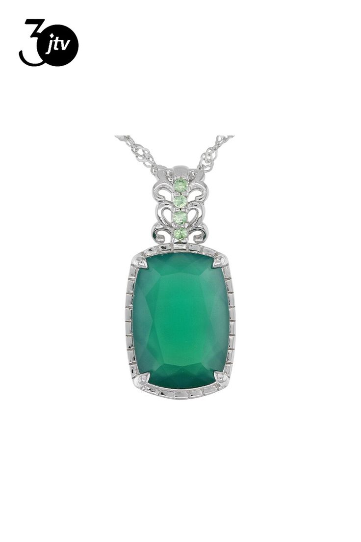 5.53ctw Green Onyx And 0.10ctw Tsavorite Rhodium Over Sterling Silver Pendant With 18" Singapore Chain. Measures Approximately 0.94"L x 0.45"W And 2.5mm Bail. Lobster Claw Clasp Closure With 2" Drop Extender. Classic Green Gemstones With Accents, White Gold Jewelry With Gemstone Accents For May Birthstone, Tsavorite Gemstone Jewelry For May Birthstone, Green Pendant Gemstones For Formal Occasions, Green Tsavorite Jewelry With Accent Stones, Green Tsavorite Gemstone Jewelry, Formal Green Polished Gemstones, Sterling Silver Jewelry With Diamond Accents In Green, Green Diamond-cut Sterling Silver Jewelry