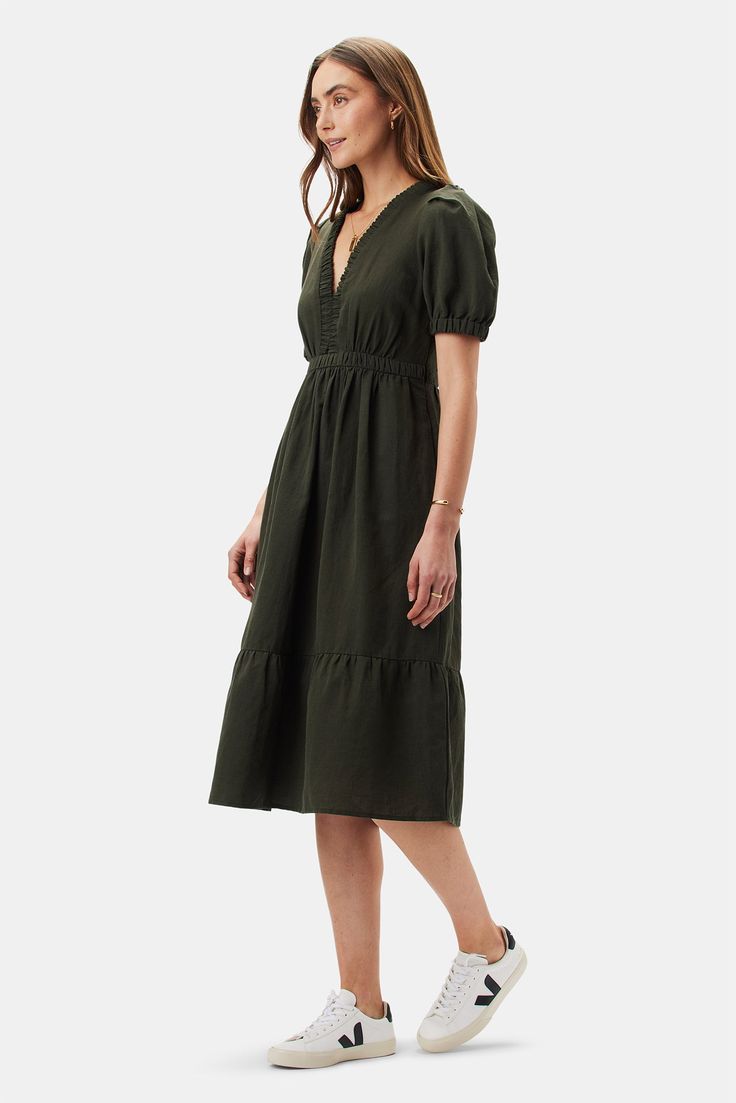 Danielle Cotton Linen Dress - Olive Green Solid V-neck Midi Dress With Smocked Back, Chic V-neck Midi Dress With Smocked Back, V-neck Midi Dress With Pockets For Work, V-neck Midi Dress With Pockets For Daywear, Solid Color V-neck Midi Dress With Smocked Back, V-neck Dress With Gathered Waist For Day Out, V-neck Dresses With Pockets For Brunch, V-neck Workwear Dresses With Pockets, V-neck Work Dresses With Pockets