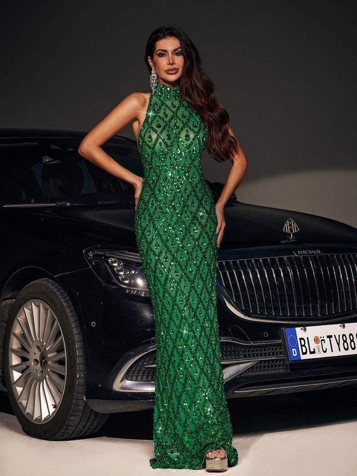 Liora Sequin Crystal Maxi Dress In Green Glamorous Dress, Carpet Outfits, Red Carpet Outfits, Event Dress, Bandage Midi Dress, Sequin Design, Image Model, Glamorous Dresses, Jumpsuits And Romper