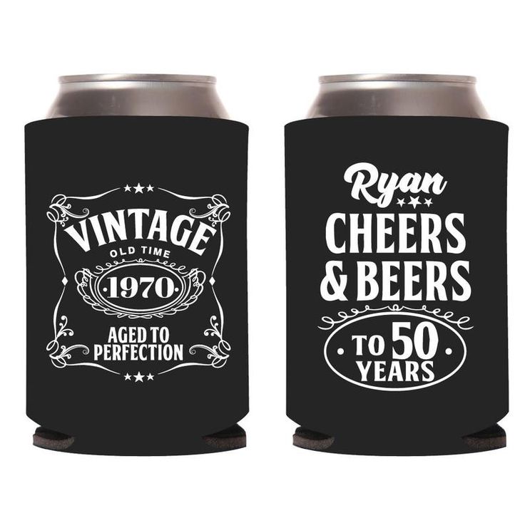 two black can coolers with white lettering and an aged to perfection logo on them