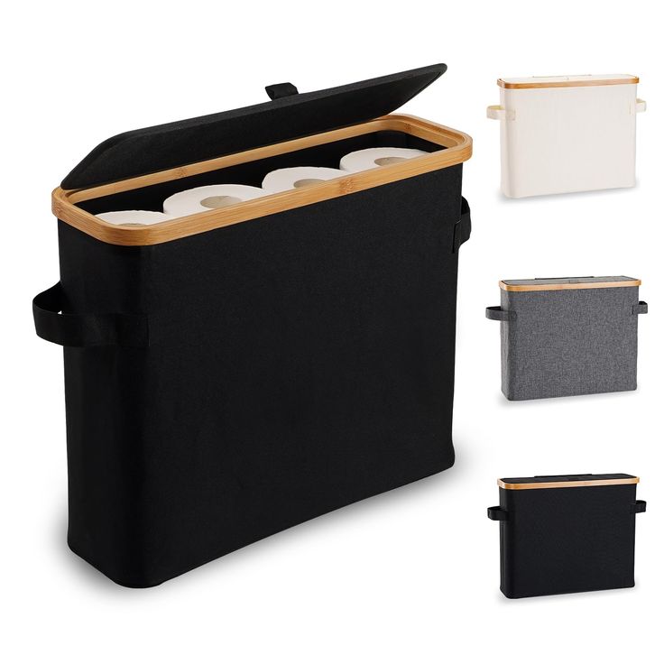 four rolls of toilet paper in a black case with wooden handles and two white ones