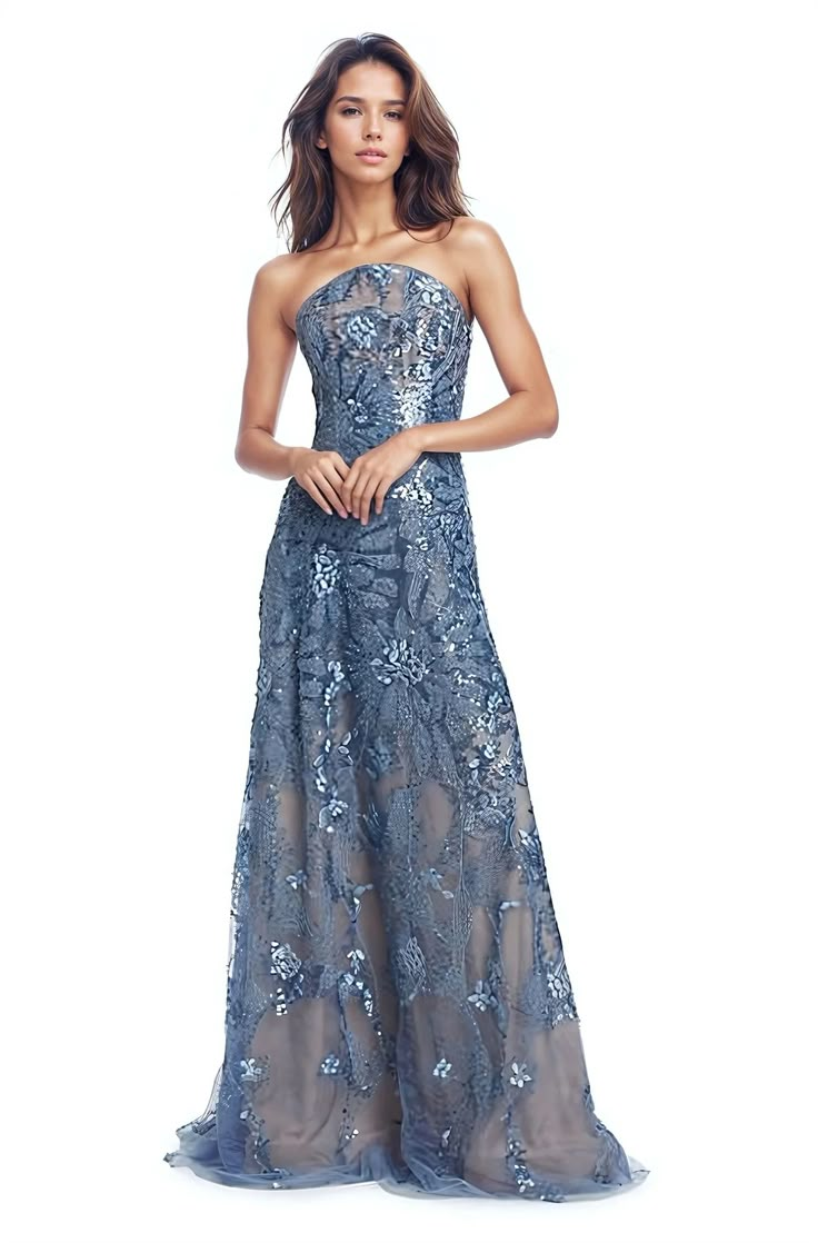 Floral Embroidered Strapless A-Line Gown Princess Evening Gowns, Blue Prom Dresses Strapless, Revolve Gown, Timeless Prom Dress, Matric Dance Dresses, Beaded Formal Dress, Ellie Saab, Beaded Fabric, Modest Dresses Casual