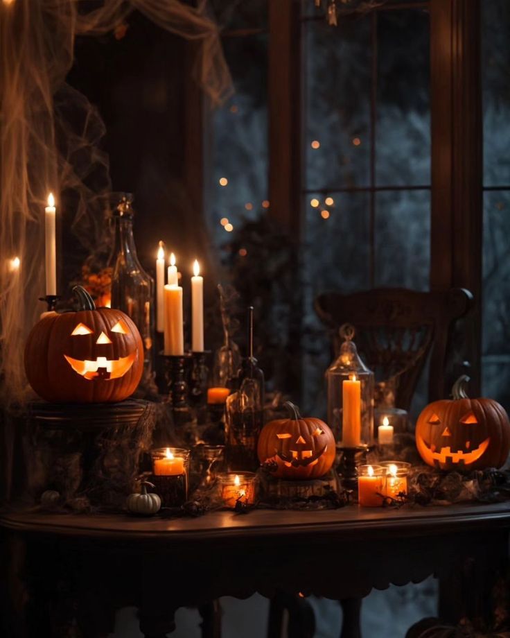 a table topped with lots of candles and pumpkins