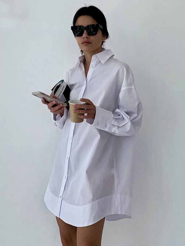 Leisure Fashion Loose Long Sleeves Solid Color Lapel Collar Shirt Dresses WHITE-L Striped Skirts, Button Front Shirt Dress, Classic White Shirt, White Shirts Women, Collared Shirt Dress, Leisure Fashion, Long Sleeve Casual Dress, White Long Sleeve Shirt, Top Shirt Women