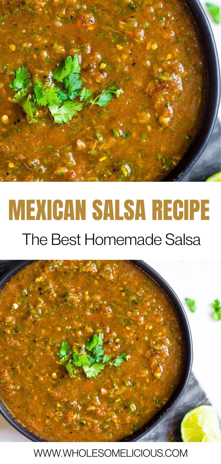 mexican salsa recipe with the best homemade salsa in a skillet and topped with cilantro