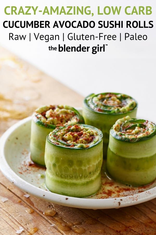 cucumber avocado sushi rolls on a plate with text overlay