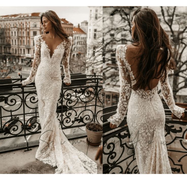 a woman in a wedding dress standing on a balcony with her back to the camera