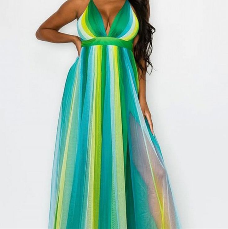 Beautiful Tie Dye Mesh V Neck Maxi Dress!! Adjustable Straps! Blue V-neck Dress For Summer Parties, Green V-neck Lined Maxi Dress, Fitted Green Maxi Dress For Beach Cover-up, Vacation Lined Green Maxi Dress, Chic Green Dress For Summer Parties, Vacation Green Lined Maxi Dress, Elegant Blue Dress For Beach Party, Blue V-neck Dresses For Beach Party, Blue Summer Dresses For Parties