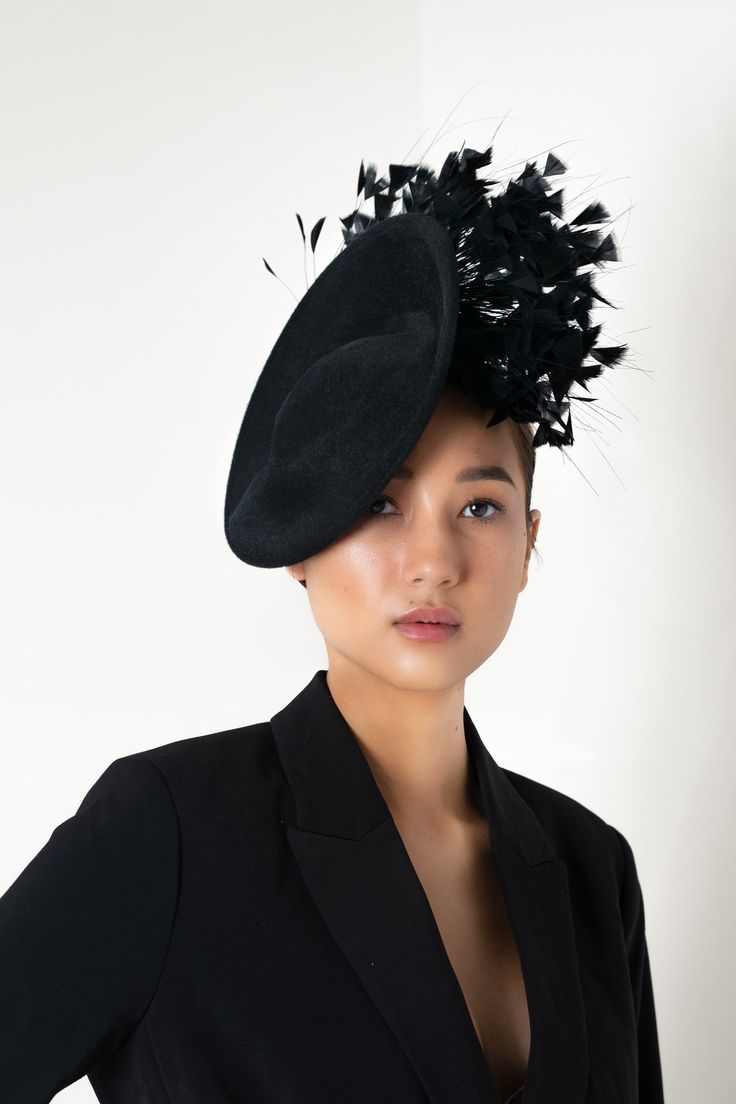 Formal Black Brimmed Costume Hats And Headpieces, Formal Black Brimmed Costume Hat, Formal Black Costume Hats With Curved Brim, Black Formal Costume Hat With Curved Brim, Elegant Black Evening Headpieces, Evening Felt Hat With Short Brim, Elegant Wide Brim Felt Hat For Evening, Winter Formal Black Costume Hats And Headpieces, Formal Black Costume Hats For Winter