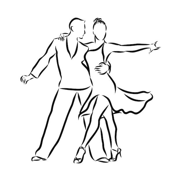 a black and white drawing of a man and woman dancing the charleston swing, with their arms around each other