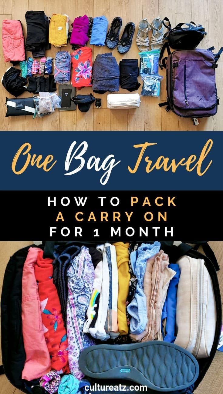 an open suitcase filled with clothes on the floor and text overlay that reads one bag travel how to pack a carry on for 1 month