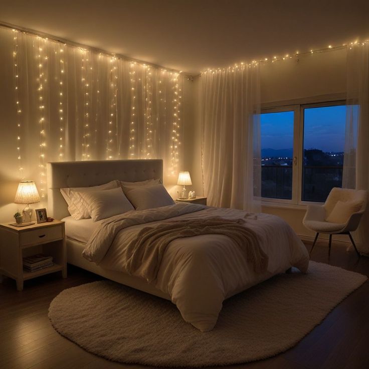 a bedroom with lights on the walls and a large bed in front of a window