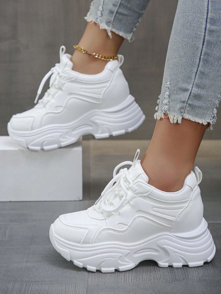 White  Collar     Embellished   Women Shoes Lace Wedges Shoes, White Wedge Heels, Trendy Wedges, White Platform Sneakers, Wedge Heel Sneakers, Basket Sport, Dr Shoes, Dad Shoes, Sporty Casual