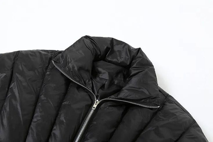 Material: Polyester Fitted Black Puffer Jacket, Black Fitted Puffer Jacket, Casual Style, Fitted Black Casual Puffer Jacket, Black Fitted Casual Puffer Jacket, Black Fitted Puffer Jacket, Black Nylon Puffer Jacket For Fall, Trendy Black Nylon Outerwear, Black Spring Puffer Jacket With Pockets, Casual Black Puffer Jacket With Zipper