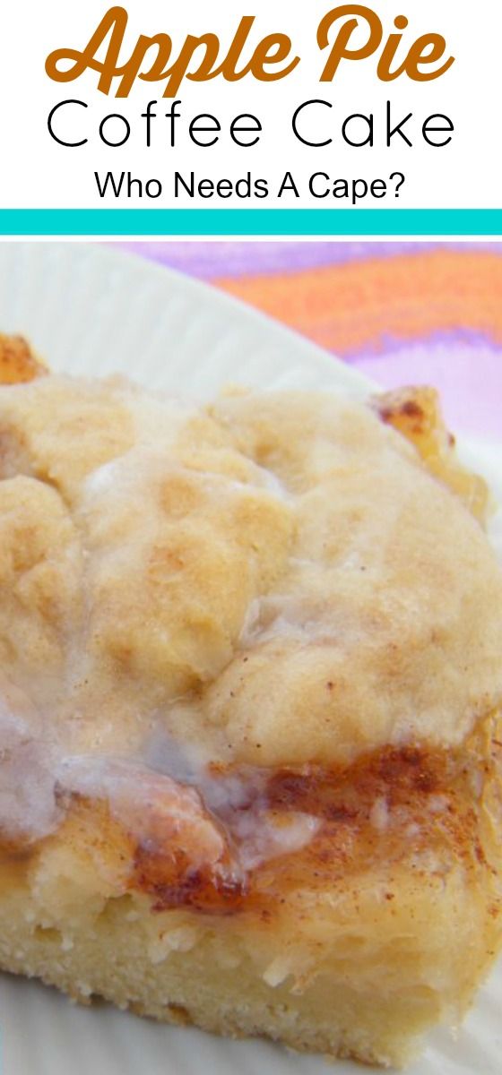 a close up of a piece of cake on a plate with the words apple pie coffee cake