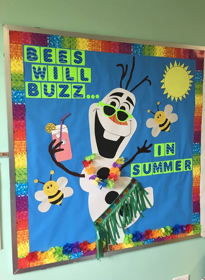 a bulletin board with an image of a cartoon character on it and bees in the background