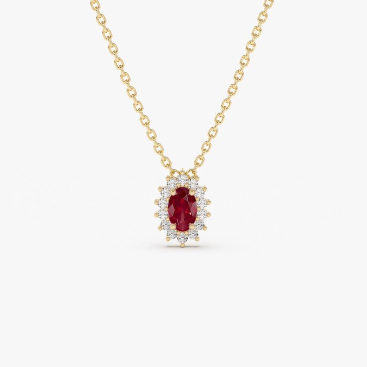 Ruby Necklace  / 14k Gold Ruby Pendant with Halo Diamonds / Classic Ruby Necklace / Mini Ruby Necklace / July Birthstone ▶Item Details * Made to Order * Gold Kt: 14K (also available in 18K) * Available Gold Color: Rose Gold, Yellow Gold, White Gold * Length and Width of Setting: 8 x 6 MM * Round Diamond: 14 pcs 1.2 MM * Oval Ruby: 1 pc 5 x 3 MM * Diamond Carat Weight: 0.10 ctw * Ruby Carat Weight: 0.30 ctw * Diamond Color-Clarity: G Color SI Clarity * Ready to Ship in 1-2 Business Days ▶ See mor Oval Diamond Necklace With Jewels, Classic Yellow Gold Ruby Necklace, Classic Ruby Necklace In Yellow Gold, Oval White Gold Necklace With Jewels, Exquisite Ruby Gemstone Necklace, Formal Birthstone Necklace Fine Jewelry, Formal 14k Gold Birthstone Necklace With Gemstone, Oval Yellow Gold Diamond Necklace With Gemstone, 14k Gold Birthstone Necklace With Gemstone For Formal Occasions