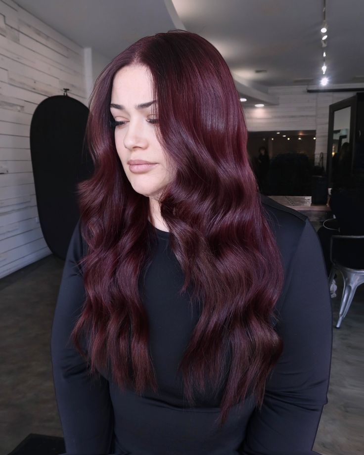 Wine Cherry Hair, Cool Burgundy Hair Color, Dark Purplish Red Hair, Jaclyn Hill Red Hair, Cherry Red Hair On Pale Skin, Hair Colors For Cool Skin Tones, Burgundy Plum Hair, Dark Red Hair On Brown Skin, Maroon Red Hair