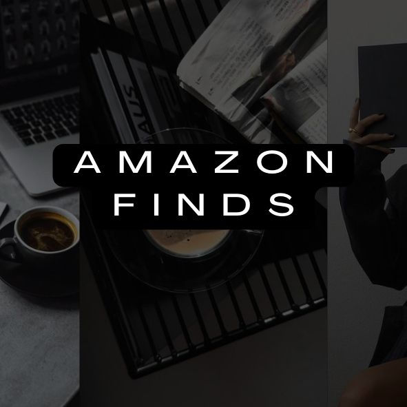 the words amazon finds are overlaid by photos of people working on their laptops