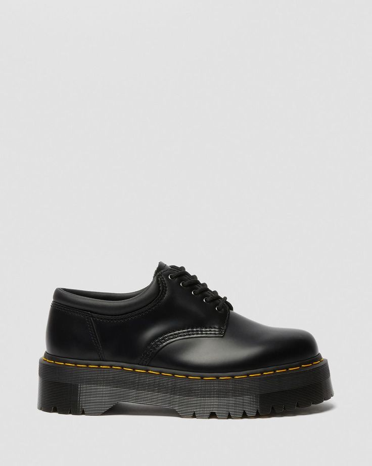 8053 Leather Platform Casual Shoes in Black | Dr. Martens 8053 Leather Platform Casual Shoes, 8053 Quad, Dr Martens 8053, Mens Beach Shirts, Leather Platform Shoes, Black Dr Martens, Black Platform Shoes, Shoes Stand, Black Polish