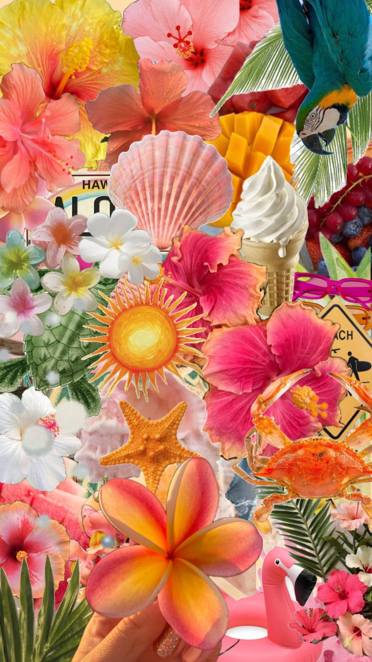 a collage of colorful flowers and birds