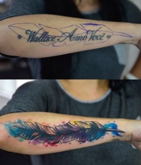 two pictures of the same person with tattoos on their arms, one has an arrow and the other has feathers