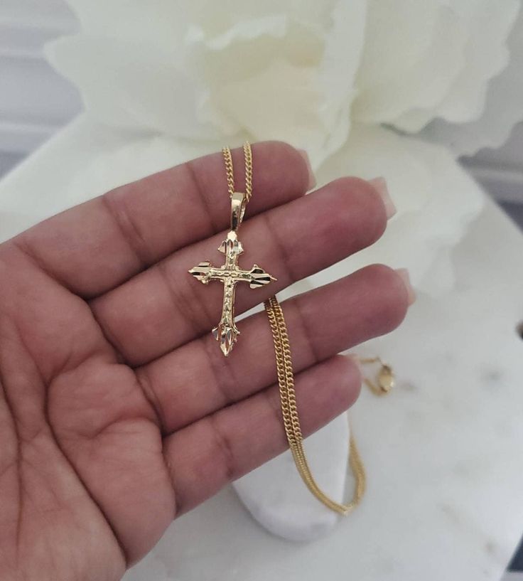 14k Gold Cross Necklace, Diamond Cut Cross Pendant, 1mm Curb Chain, Medium Sized 27mm Cross Pendant, 14k Heavy Plated Gold, High Quality #ChristianJewelry #CrossNecklace #CrossNecklaceWomen #SmallGoldCross #ChristianNecklace #14kGoldCrucifix #GiftForHer #GoldCrossNecklace #14kCrossPendant #14kGoldCross Yellow Gold Cross Jewelry With Curb Chain, 14k Gold Cross Figaro Chain Jewelry, Yellow Gold Cross Jewelry With Figaro Chain, Yellow Gold Cross Necklace With Curb Chain, 14kt Gold Jewelry, Cross Necklace Women, Luck Necklace, Good Luck Necklace, Horseshoe Necklace