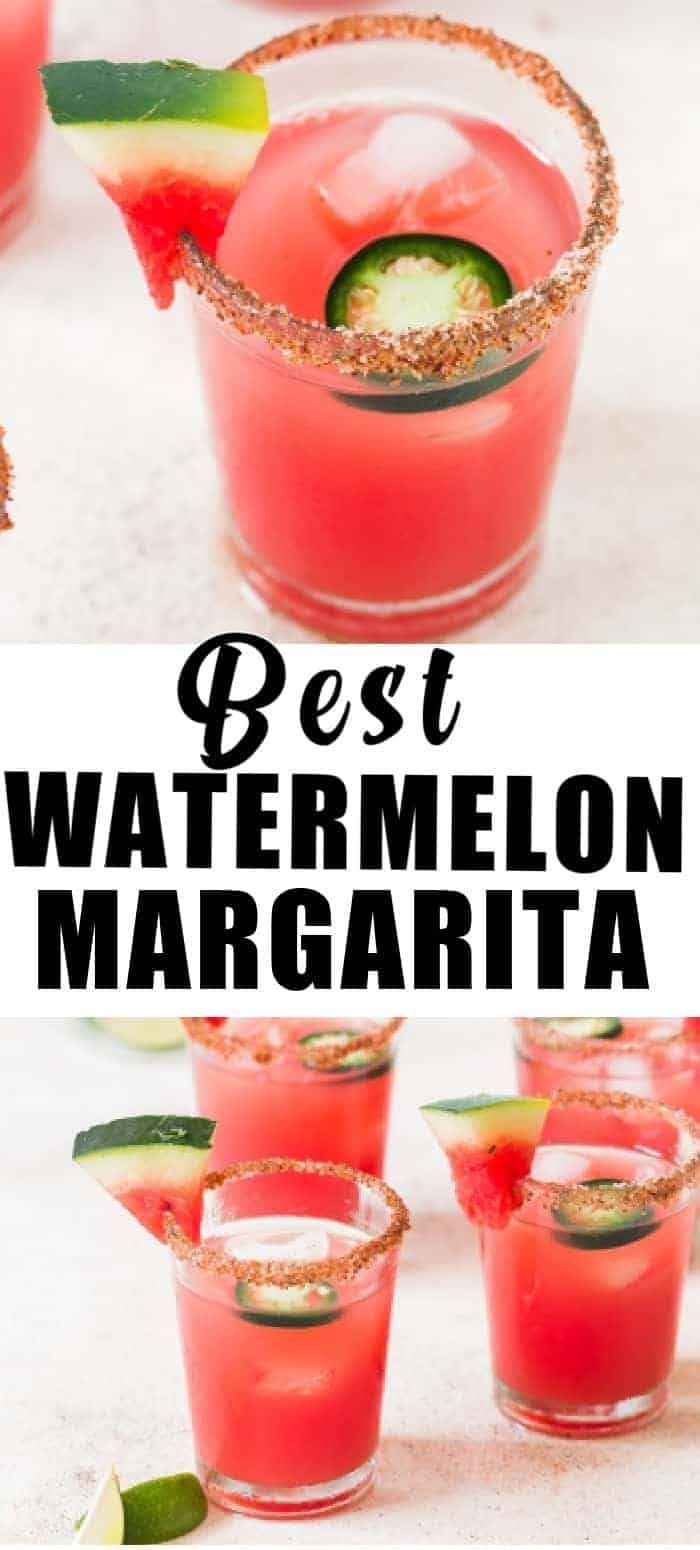 watermelon margarita with cucumber garnish on the rim and text overlay that reads best watermelon margarita