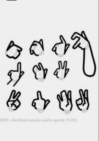 hand gestures drawn in black and white on a sheet of paper with the words note written below