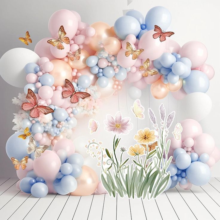 a bunch of balloons floating in the air with flowers and butterflies flying around them on a white floor