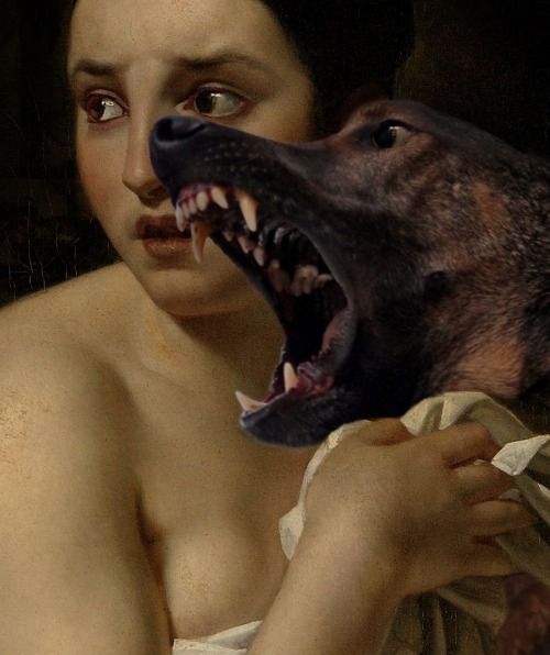 a painting of a woman holding a dog with its mouth open