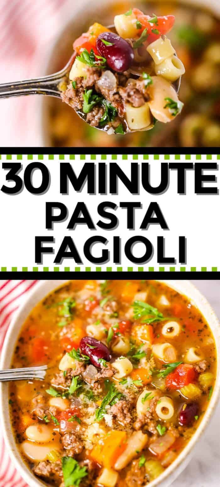 30 minute pasta fagioi soup in a white bowl with spoon and title overlay