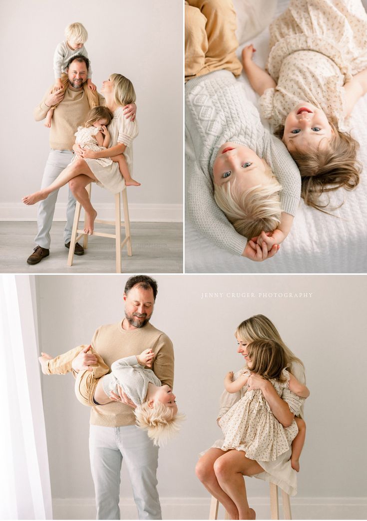 a collage of photos shows a man and woman holding their children