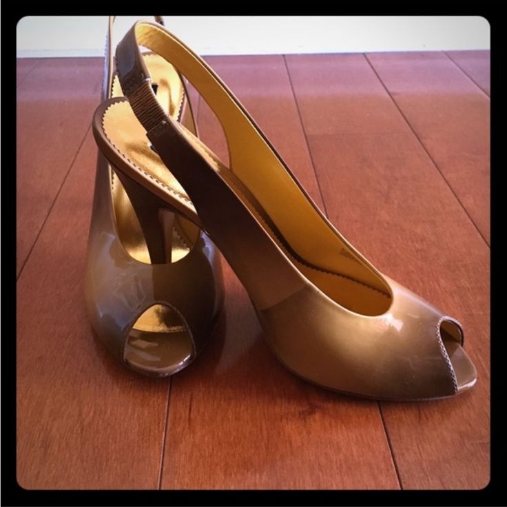 Brand New Size 6.5 Ombr Tone: Gold-Tan Brownish 3.5” Heel Little Stains In The Soles But Never Worn Formal Brown Slingback Pumps With 4-inch Heel, Brown Closed Toe Slingback Pumps With 4-inch Heel, Brown Slingback Pumps With 4-inch Heel For Party, Brown Open Toe Slingback Pumps With 4-inch Heel, Brown Strappy Heels, Beige High Heels, Tassel Heels, Strap Sandals Heels, Red Suede Heels