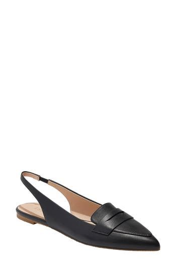 A pointy toe elevates a slingback flat with a sleek, loafer-inspired topline and penny strap. Leather upper and lining/rubber sole Imported Chic Medium Width Slip-on Slingback Pumps, Spring Office Slingback Slip-on Pumps, Flat Slingback Pumps For Spring Office Wear, Spring Office Flat Slingback Pumps, Slip-on Pointed Toe Sandals For Work, Pointed Toe Slip-on Sandals For Workwear, Chic Flat Heel Slingback Sandals For Work, Chic Slip-on Slingback Pumps With Heel Strap, Chic Slingback Pointed Toe Flats For Office