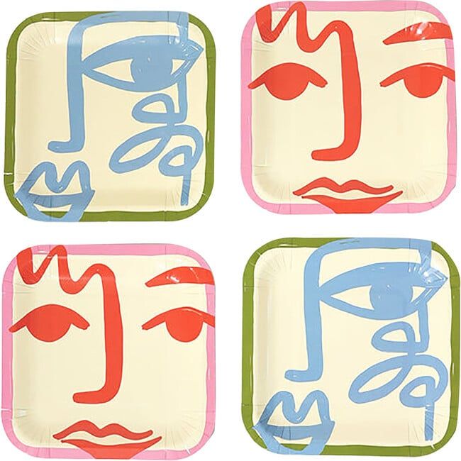 four square plates with faces painted on them