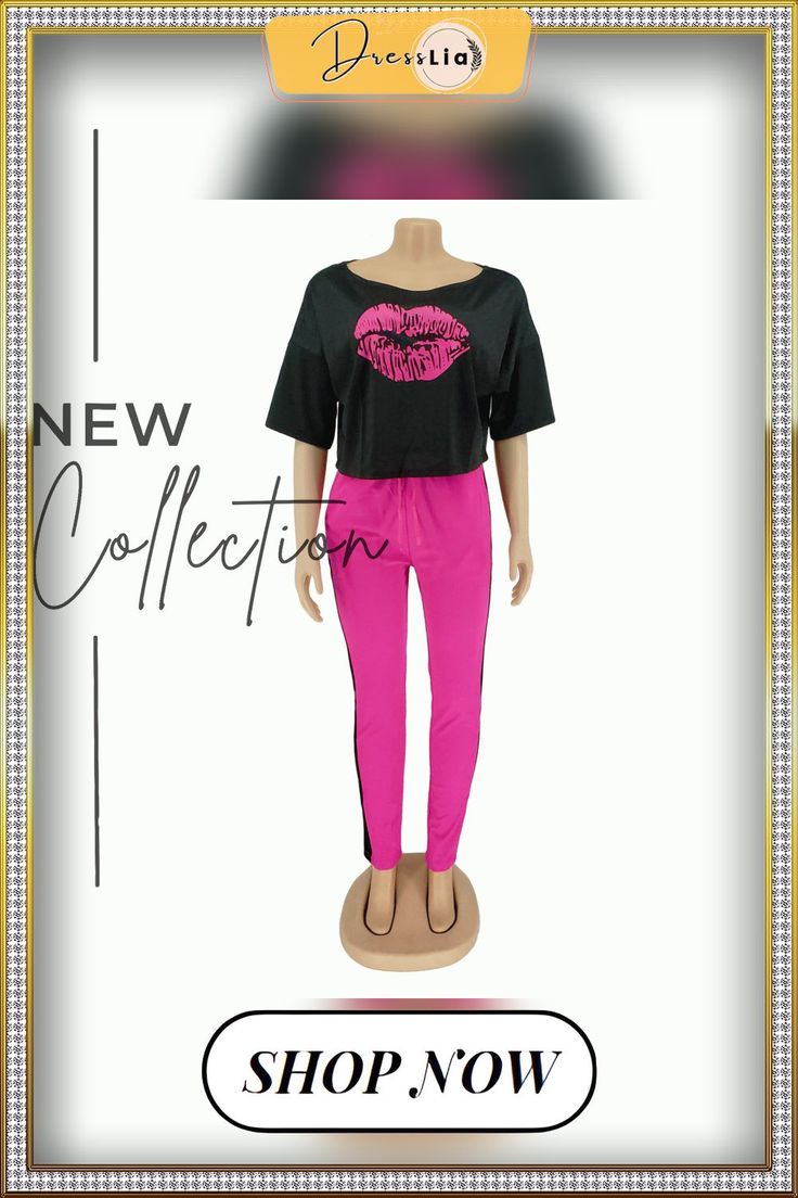 Lip Print Middle Sleeve T-shirt+ Contrast Color Trousers Two-piece Set Spring Two-piece Set Tops For Night Out, Spring Two-piece Tops For Night Out, Spring Short Sleeve Two-piece Top, Spring Two-piece Short Sleeve Top, Casual Pink Cotton Pant Set, Casual Pink Pant Set For Spring, Pink Two-piece Tops For Summer, Casual Stretch Two-piece Tops, Casual Two-piece Stretch Tops