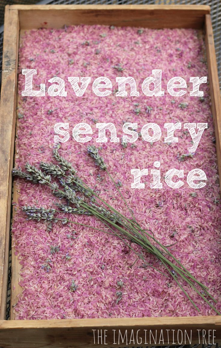 lavender sensory rice in a wooden box with the words lavender sensory rice on it